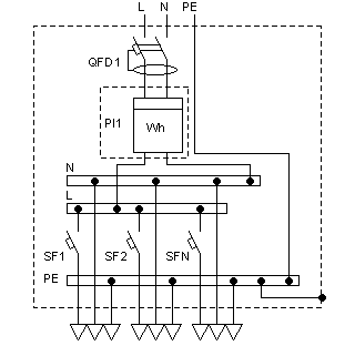 Схема электрическая щитка квартирного с дифференциальным автоматическим выключателем на вводе