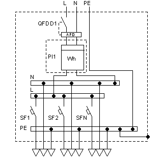 Схема электрическая щитка квартирного с устройством защиты от дугового пробоя (УЗДП) на вводе